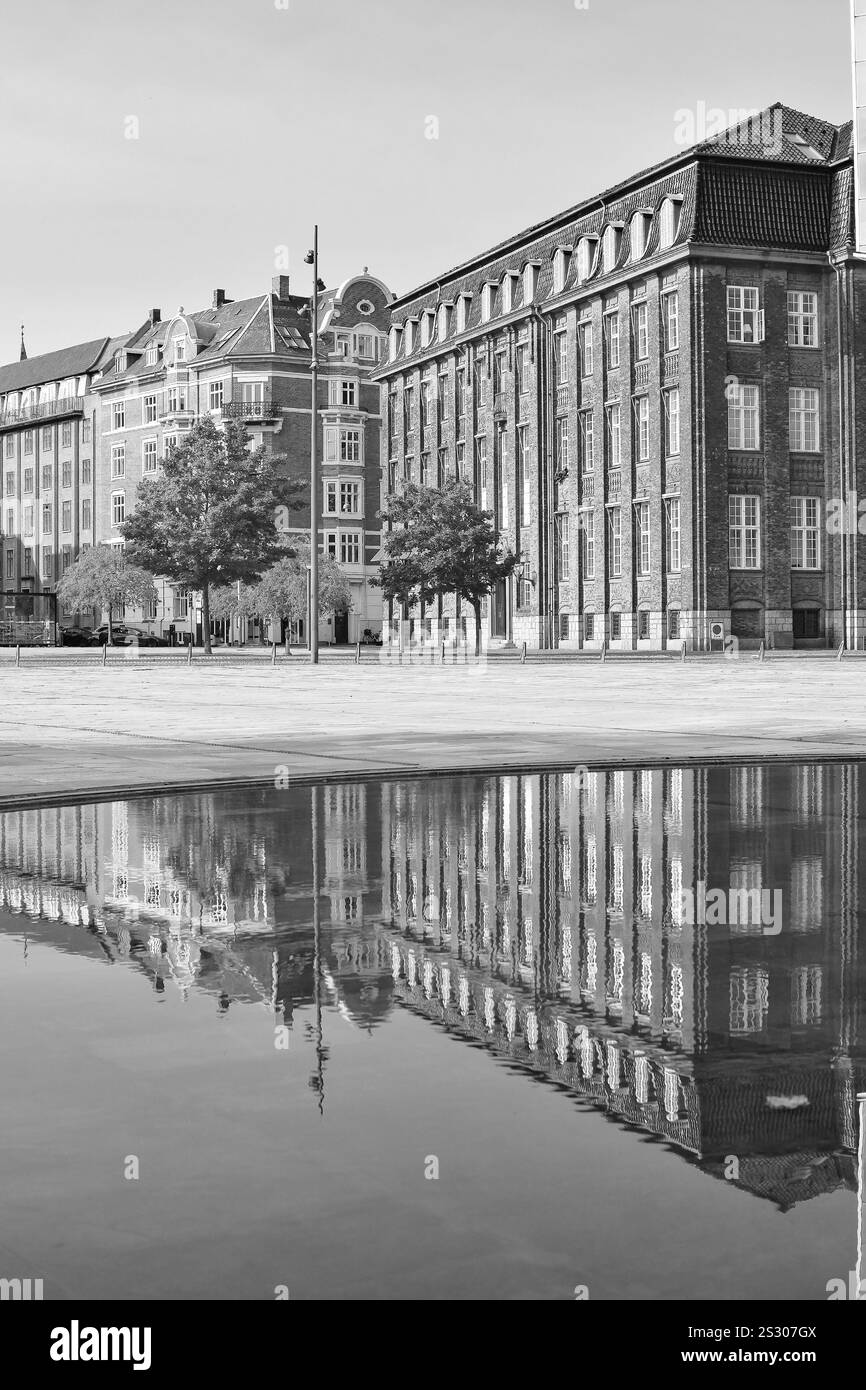 Image en noir et blanc d'un bâtiment de style nordique reflétée sur la surface de l'eau Banque D'Images