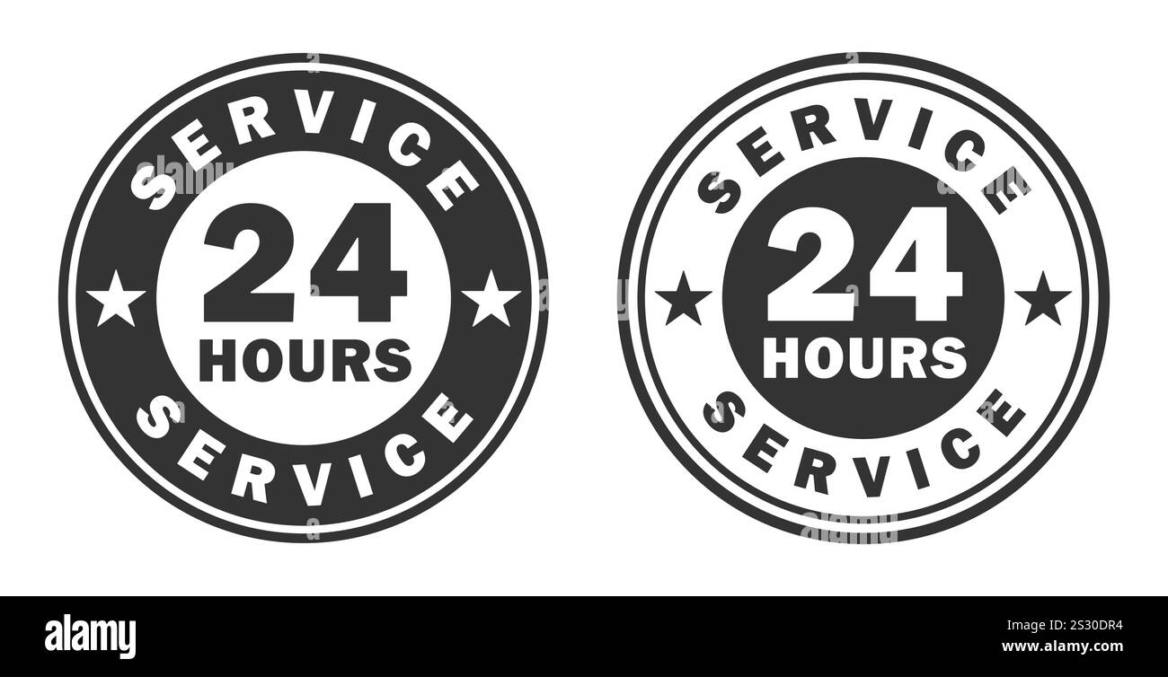 24 7 Service ouvert 24 heures sur 24 et 7 jours sur 7 icône de timbre circulaire. Bouton de signe de symbole de logo d'assistance pour la boutique. Illustration vectorielle. Isolé sur Illustration de Vecteur