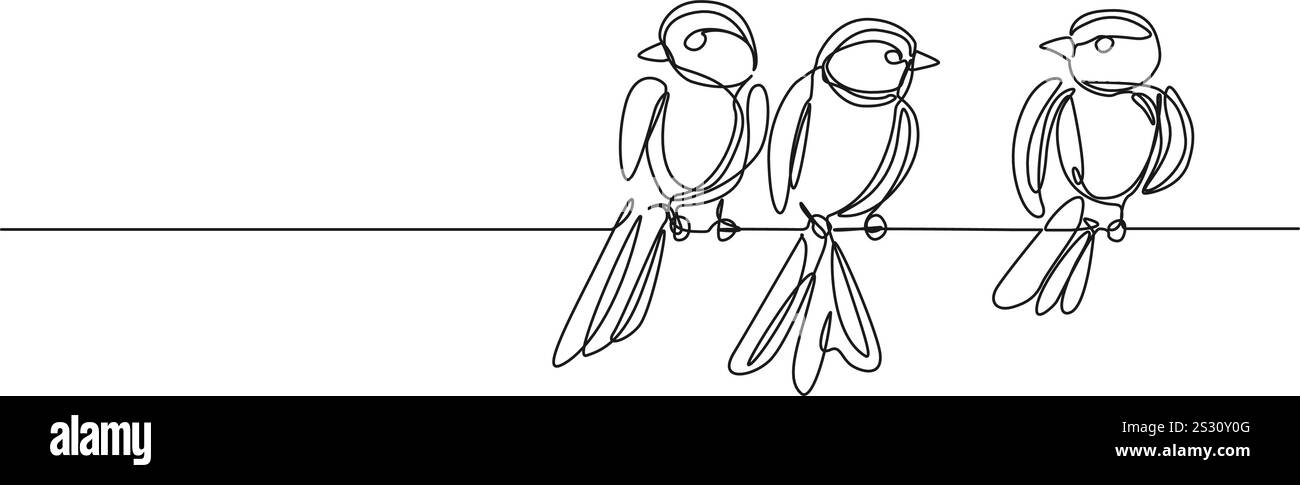 dessin de ligne continue d'oiseaux assis sur la ligne électrique ou branche d'arbre, illustration vectorielle d'art de ligne Illustration de Vecteur