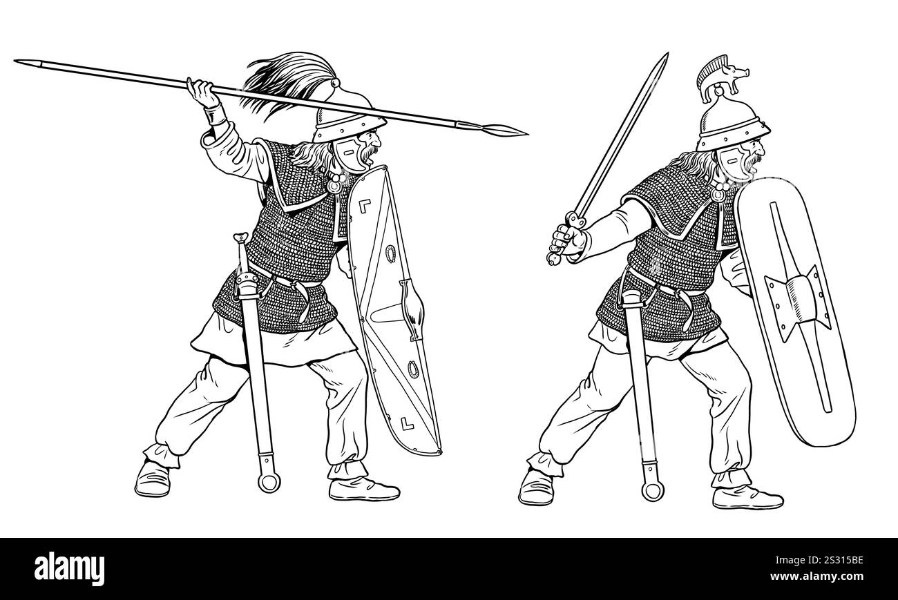 Guerriers gaulois à l'attaque. Ancien dessin de guerrier gaulois. Banque D'Images