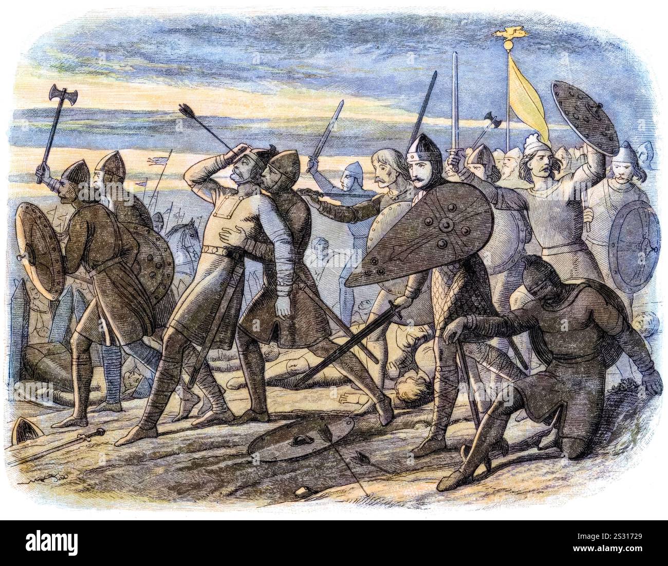 La mort du roi Harold II (Harold Godwinson, vers 1022-1066) à la bataille de Hastings le 14 octobre 1066, gravure sur bois de James William Edmund Doyle, 1864 Banque D'Images