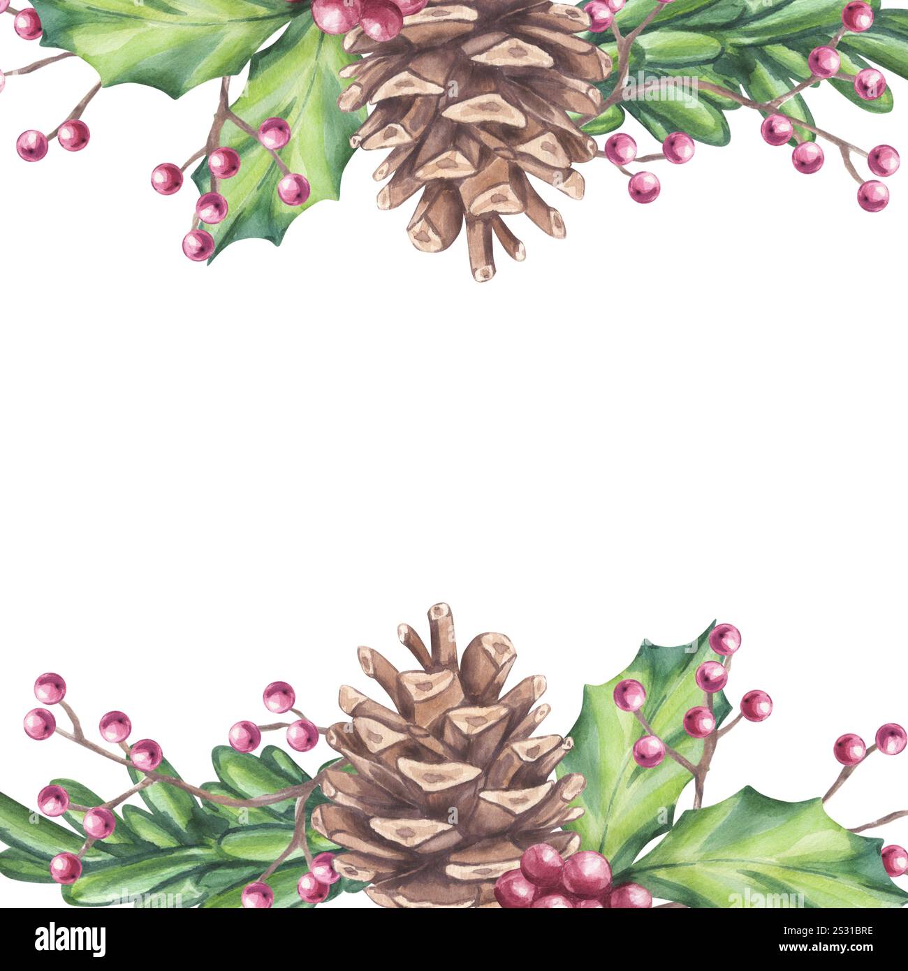 Cadre carré de Noël sapin de forêt de branche avec cône, baies rouges houx, brindilles ilex. Composition florale botanique. Symboles du nouvel an. Dessiner à la main Banque D'Images