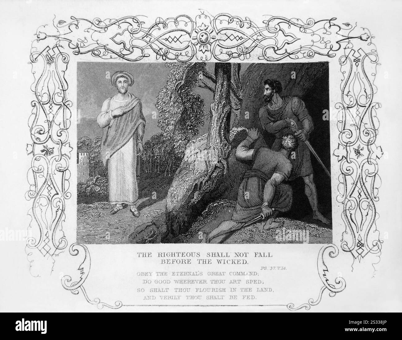 Gravure sur acier les justes ne tomberont pas devant les Proverbes méchants de Salomon (Psaume 37:14) de l'histoire des Écritures illustrées de Tallis 1851 f Banque D'Images Gravure sur acier les justes ne tomberont pas devant les Proverbes méchants de Salomon (Psaume 37:14) de l'histoire des Écritures illustrées de Tallis 1851 f Banque D'Images