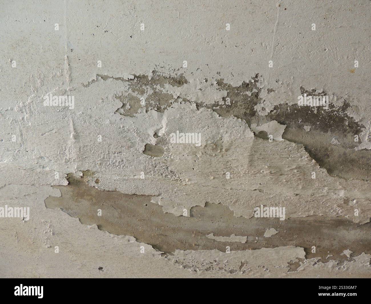 surface crayeuse minable avec des fissures et des parties tombées de chaux, mur en béton ou plafond avec un fragment de vieux plâtre tombé Banque D'Images