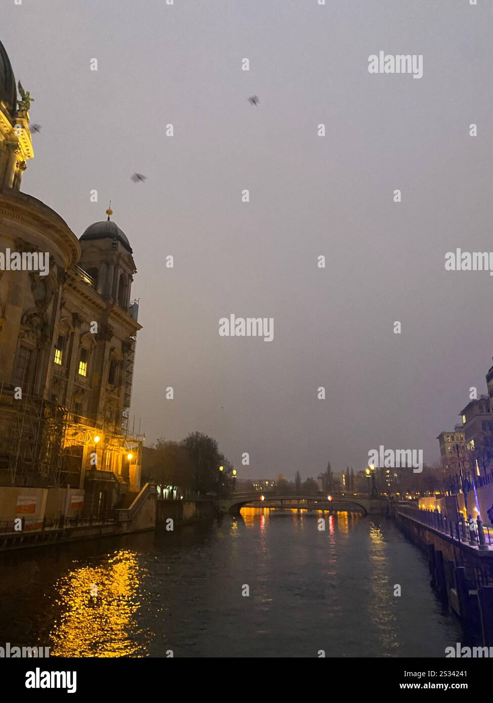 Berliner Dom de l'autre côté de la Spree la nuit - Image de stock capturée avec un smartphone