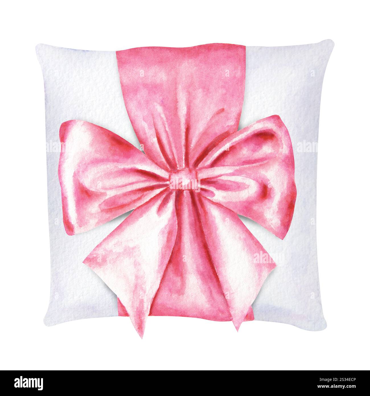 Illustration aquarelle d'un noeud en satin rose élégamment attaché sur un oreiller d'anneau. Parfait pour les conceptions de mariage, les événements romantiques, l'emballage cadeau ou féminin Banque D'Images