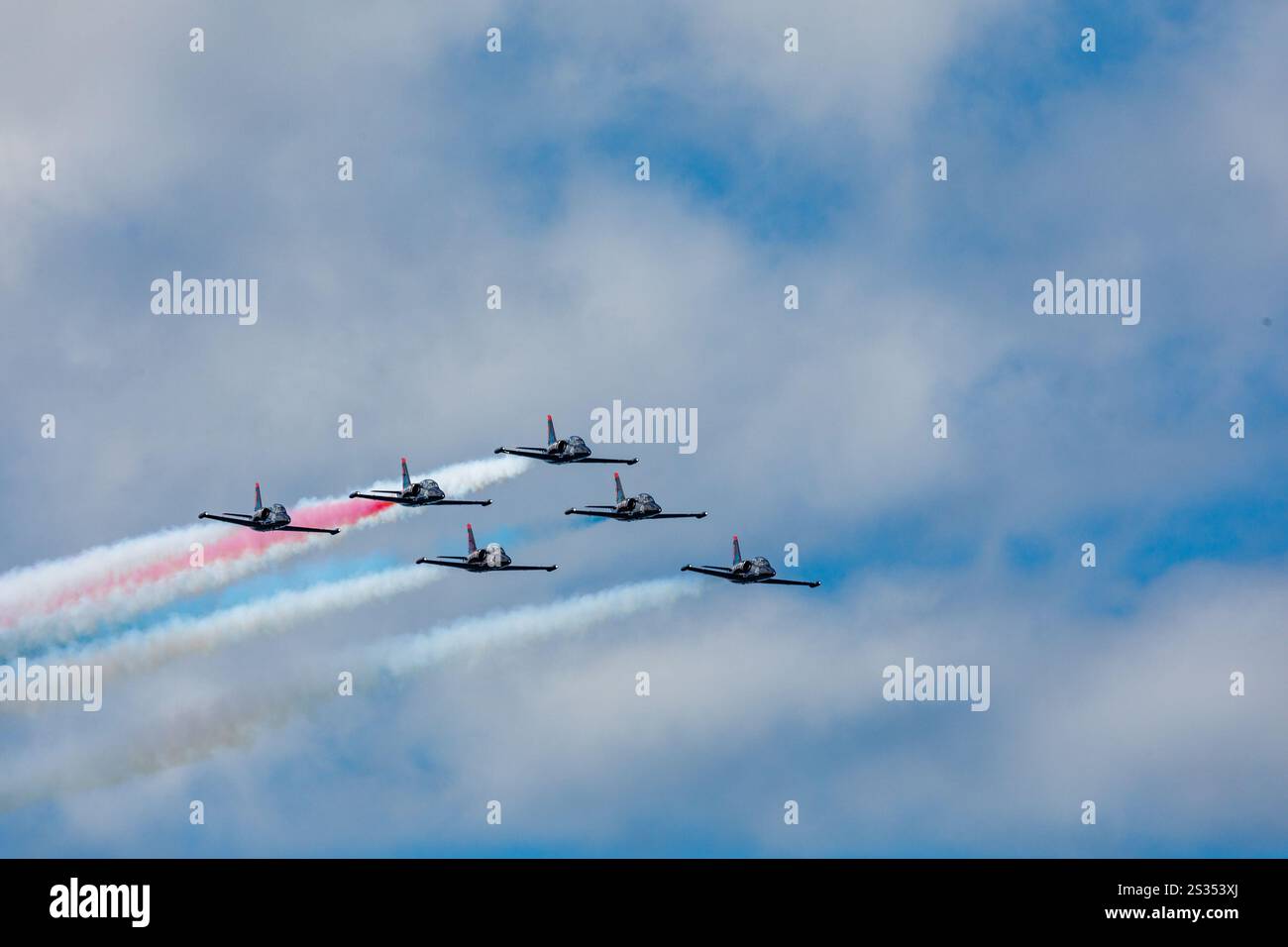 San Francisco, États-Unis - 14 octobre 2024 : salon aéronautique Fleetweek L'équipe aérienne Patriots volant le l-39 Albatros jet volant en formation Banque D'Images San Francisco, États-Unis - 14 octobre 2024 : salon aéronautique Fleetweek L'équipe aérienne Patriots volant le l-39 Albatros jet volant en formation Banque D'Images