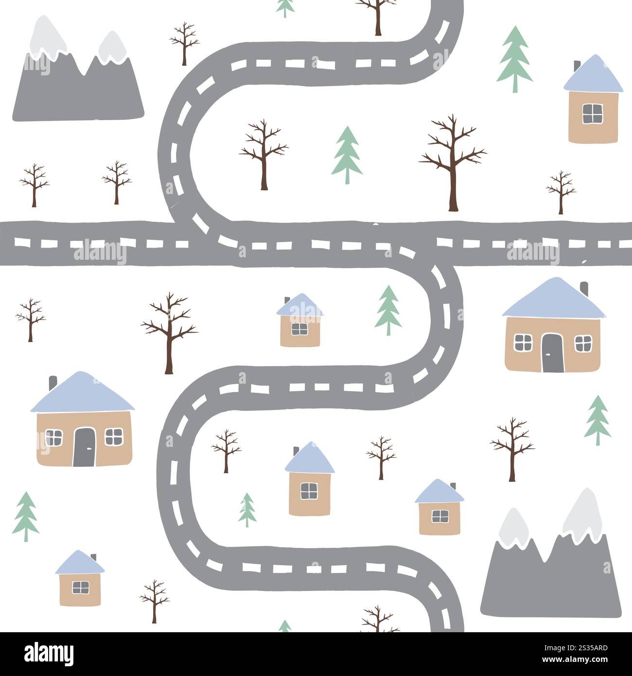 Vecteur modèle sans couture de paysage de pays plat doodle dessiné à la main isolé sur fond blanc Illustration de Vecteur