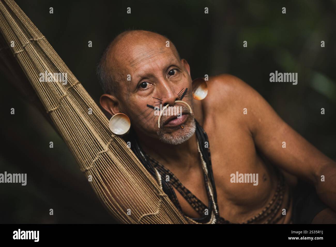 Un homme de la tribu indigène Matis de l'ouest de l'Amazonie, au Brésil Banque D'Images