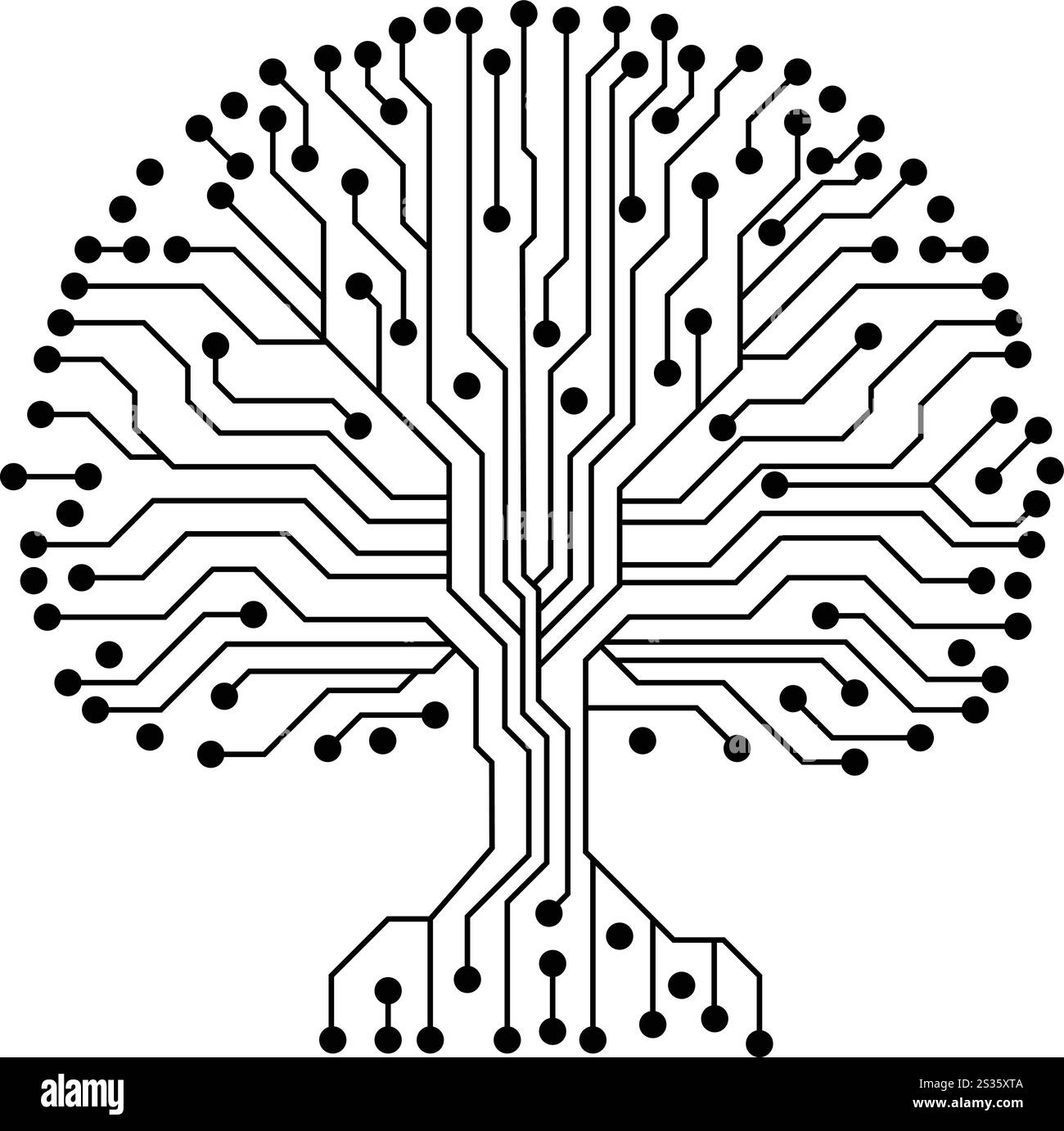 Un dessin noir et blanc d'un arbre avec de nombreux points noirs dessus. L'arbre est composé de nombreux petits points noirs, qui ressemblent aux fils d'un ordinateur. Illustration de Vecteur