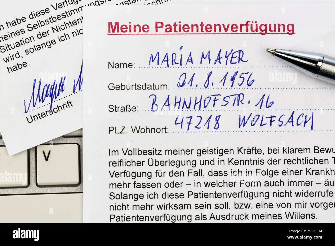 Un testament vivant en allemand. Instructions pour le médecin ou l'hôpital en cas de maladie terminale Banque D'Images