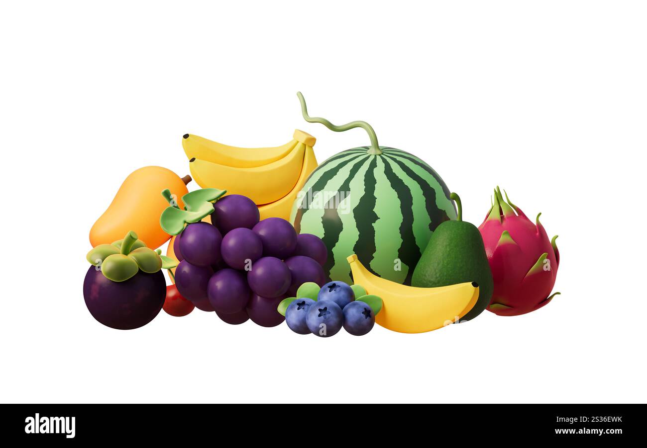 Une variété de fruits colorés, riches en vitamines et nutriments, rendu 3D. Illustration 3D. Banque D'Images