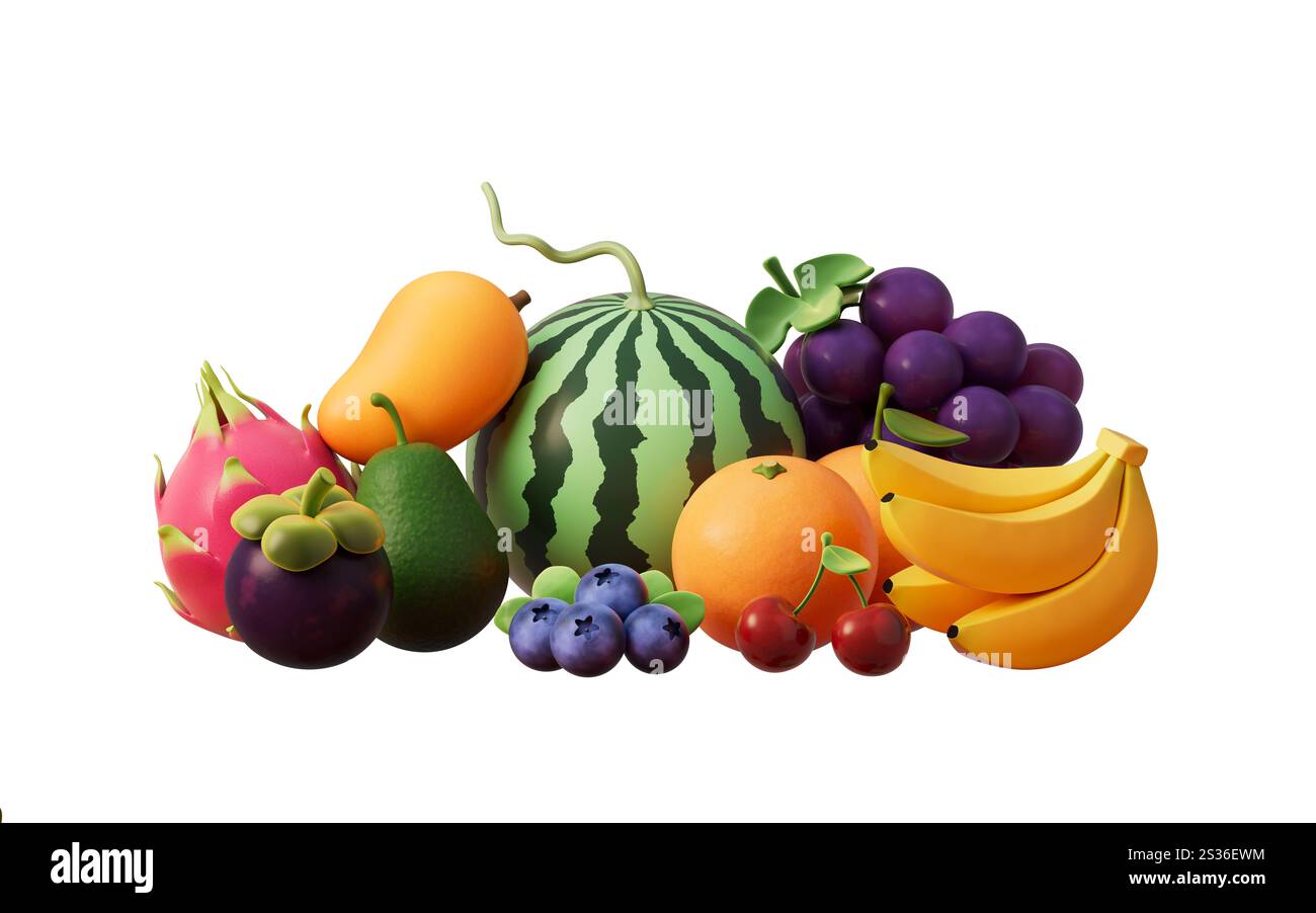 Une variété de fruits colorés, riches en vitamines et nutriments, rendu 3D. Illustration 3D. Banque D'Images