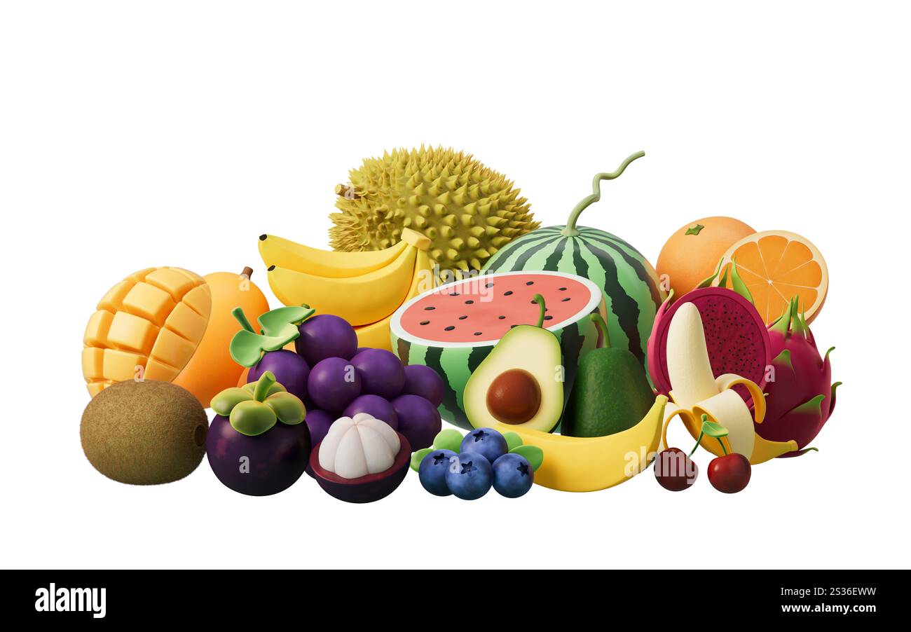 Une variété de fruits colorés, riches en vitamines et nutriments, rendu 3D. Illustration 3D. Banque D'Images