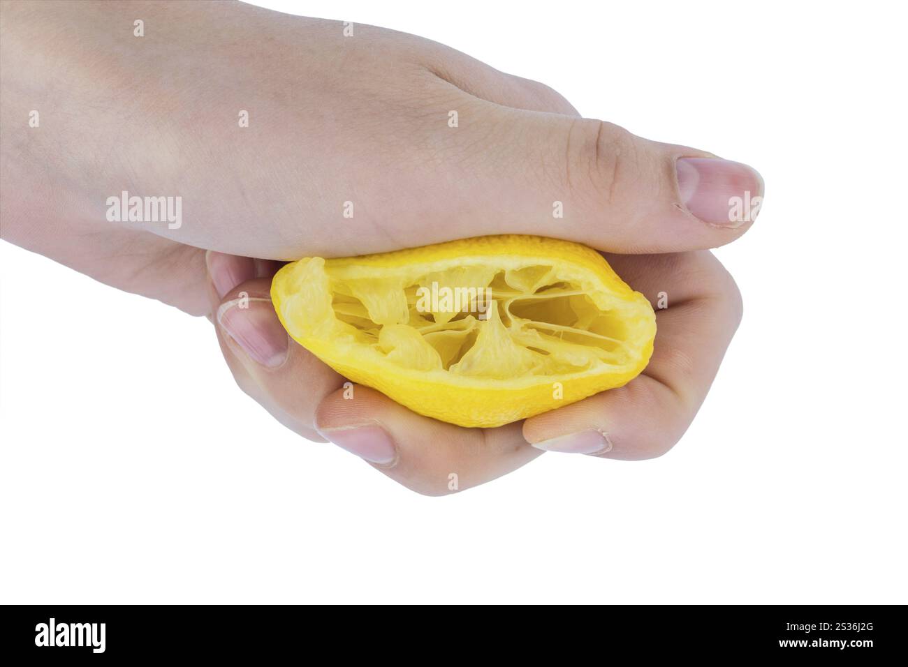 Un citron pressé sur un fond blanc. Photo symbolique pour les taxes, les droits de douane Banque D'Images