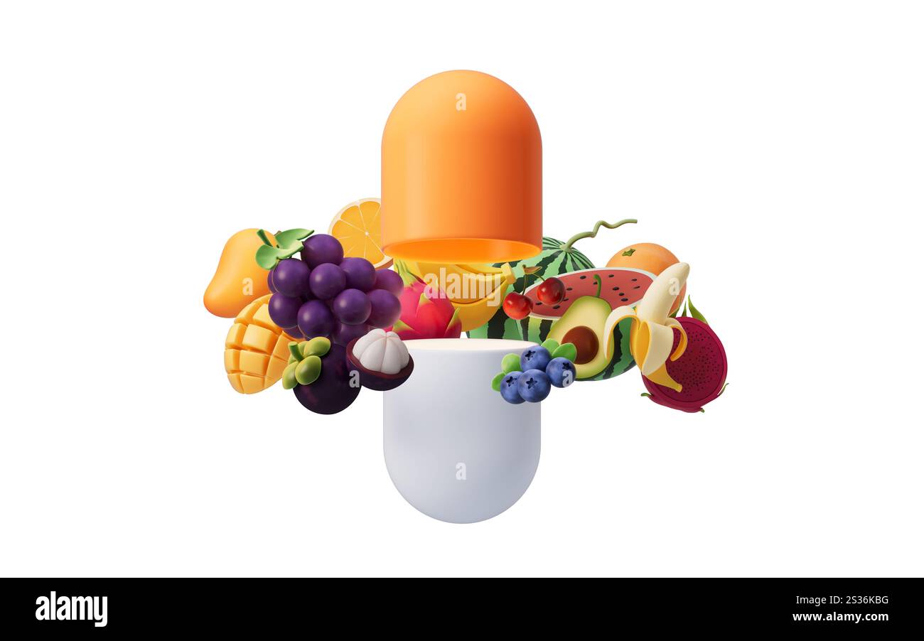 Capsule et une variété de fruits, riche en vitamines et suppléments, rendu 3D. Illustration 3D. Banque D'Images