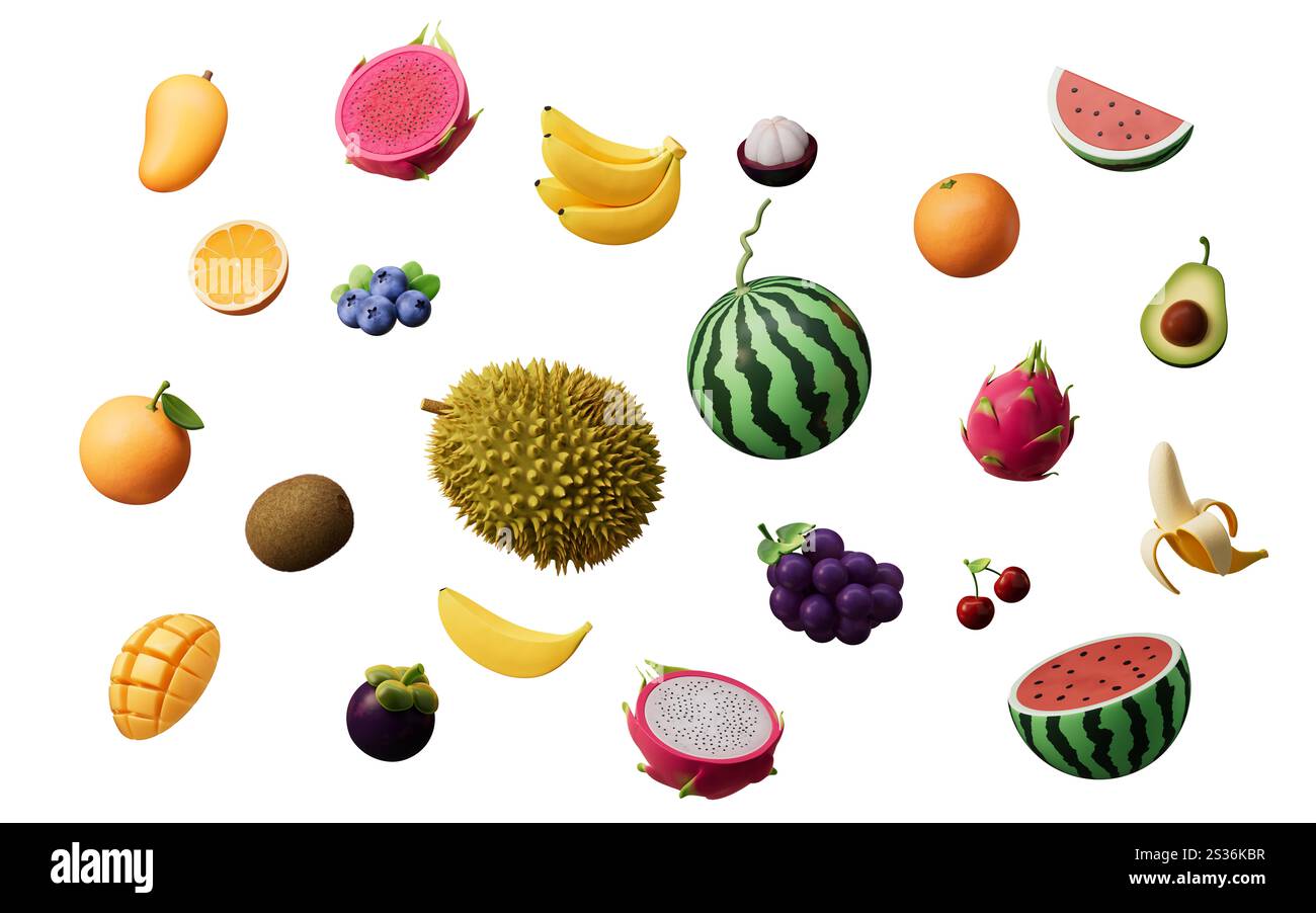 Une variété de fruits colorés, riches en vitamines et nutriments, rendu 3D. Illustration 3D. Banque D'Images