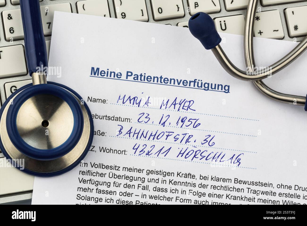 Un testament vivant en allemand. Instructions pour le médecin ou l'hôpital en cas de maladie terminale Banque D'Images