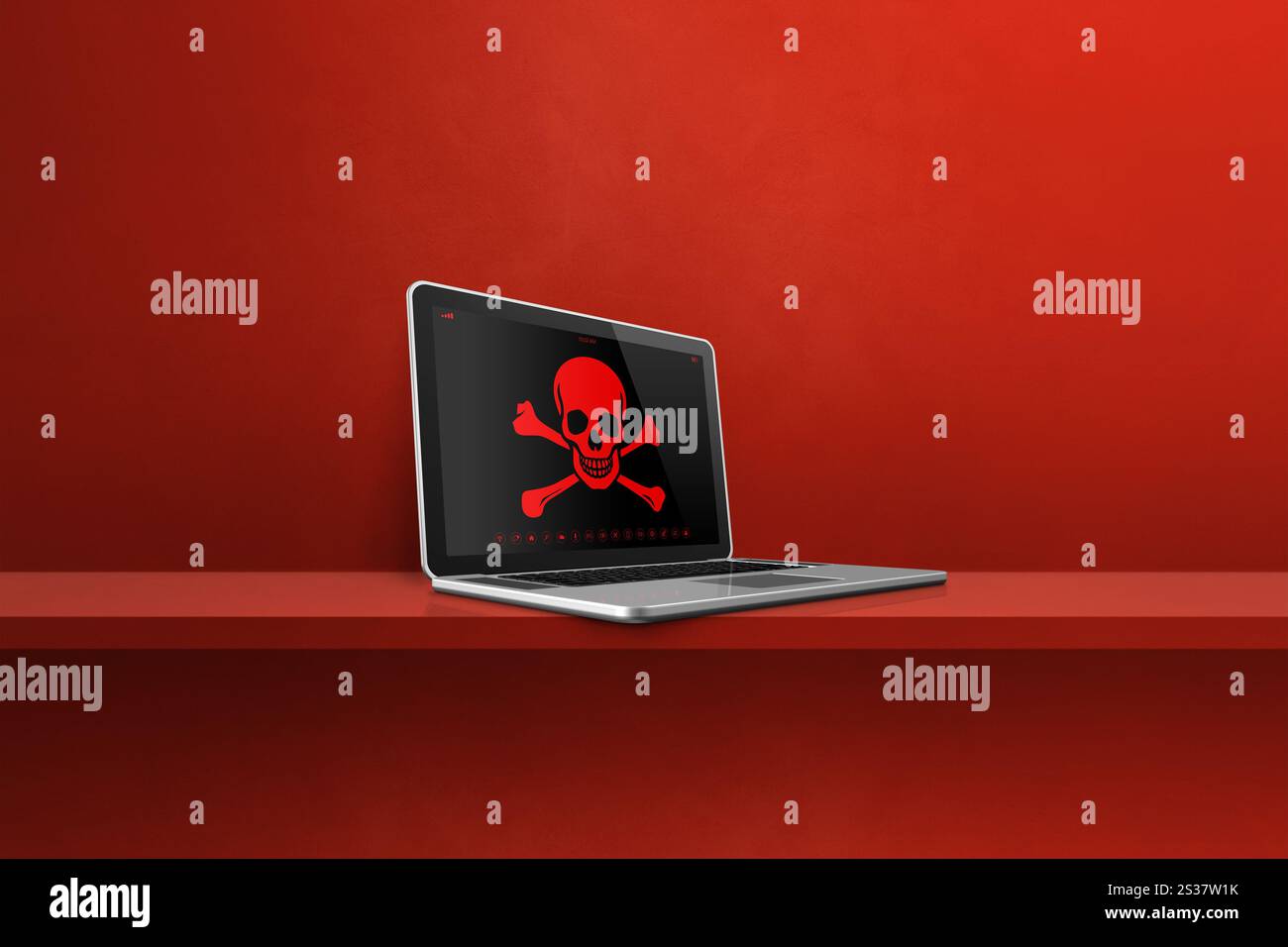 Ordinateur portable sur une étagère avec un symbole pirate à l'écran. Concept de piratage et de virus. Illustration 3D isolée sur fond rouge. Ordinateur portable sur une étagère avec un Banque D'Images