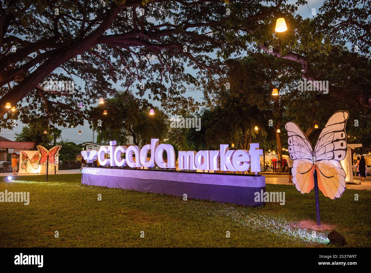 Magasins de nourriture, d'art et de fabrication artisanale au Cicada Nightmarket près de la ville de Hua Hin dans la province de Prachuap Khiri Khan en Thaïlande, Thaïlande, Hua Banque D'Images