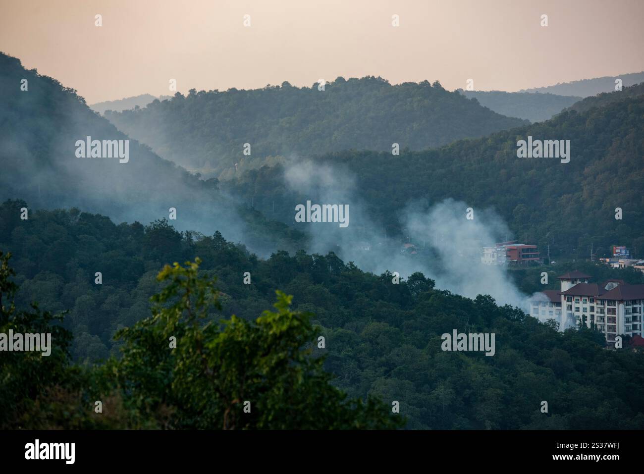 Un feu de brousse dans les collines près de la ville de Hua Hin dans la province de Prachuap Khiri Khan en Thaïlande, Thaïlande, Hua Hin, décembre 2023. THAÏLANDE Banque D'Images