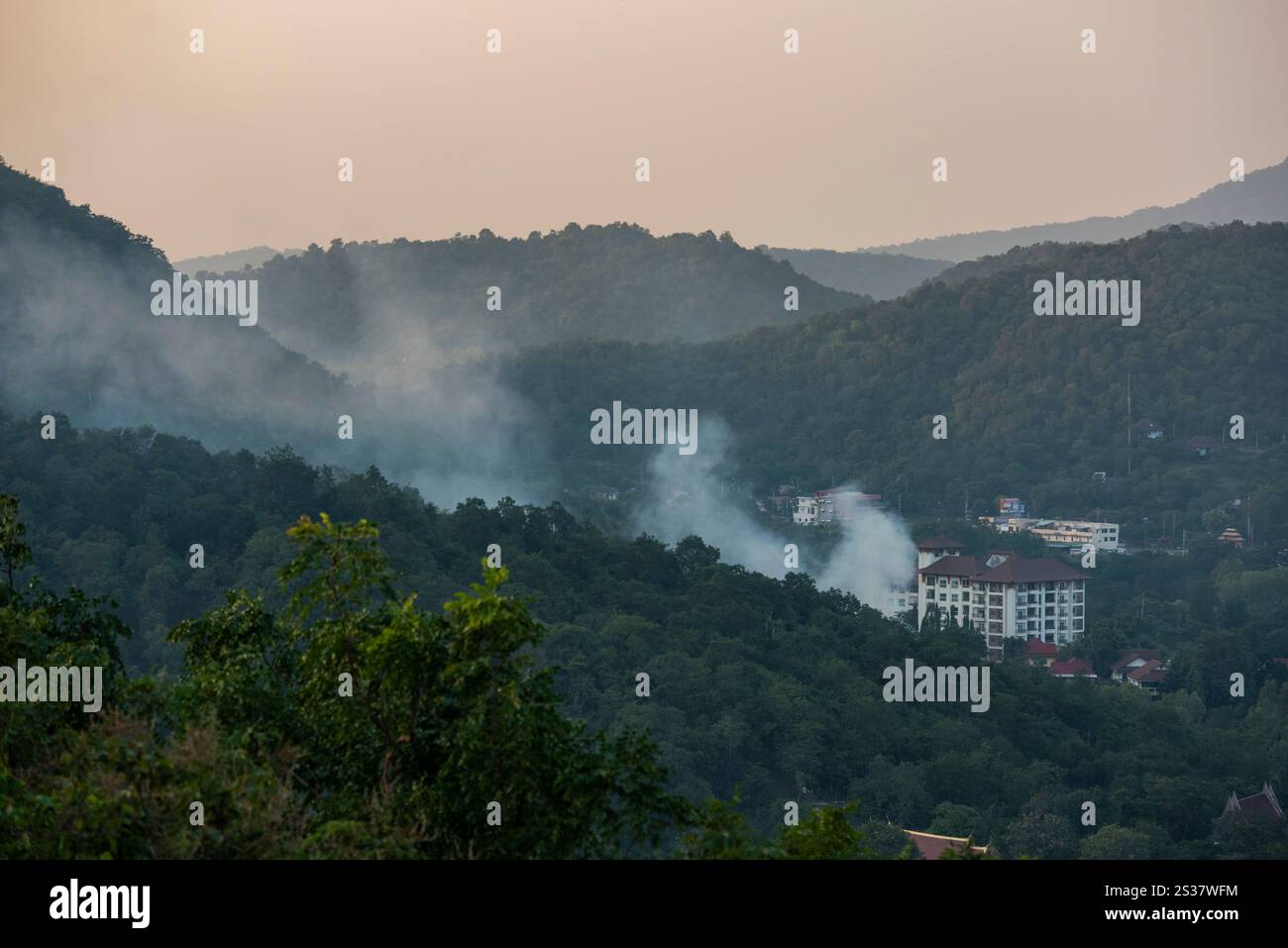 Un feu de brousse dans les collines près de la ville de Hua Hin dans la province de Prachuap Khiri Khan en Thaïlande, Thaïlande, Hua Hin, décembre 2023. THAÏLANDE Banque D'Images
