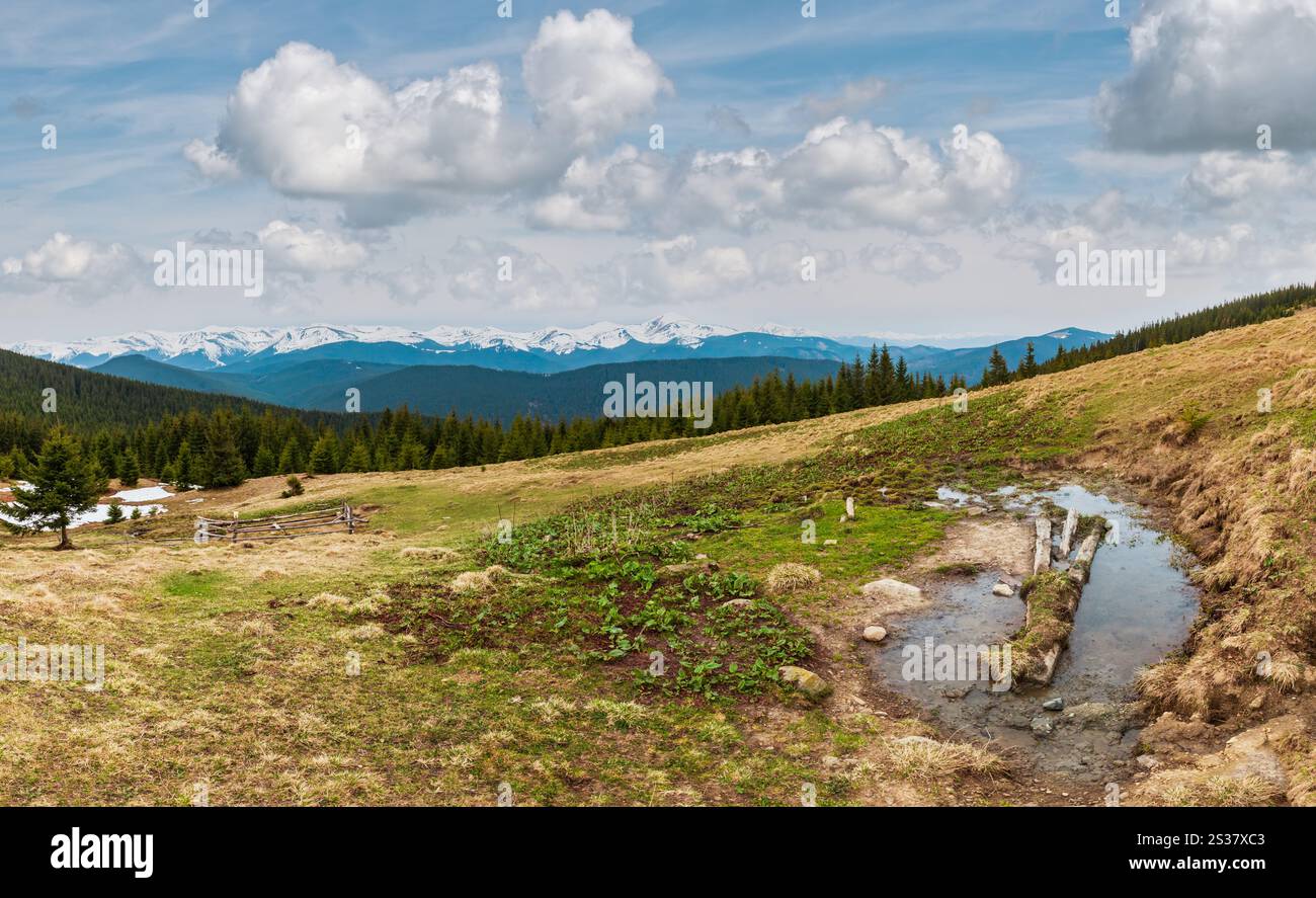 Carpates printemps paysage avec des sommets couverts de neige des Chornohora ridge de loin, de l'Ukraine. Zone agricole clôturé avec de l'eau printemps et buveur. Banque D'Images