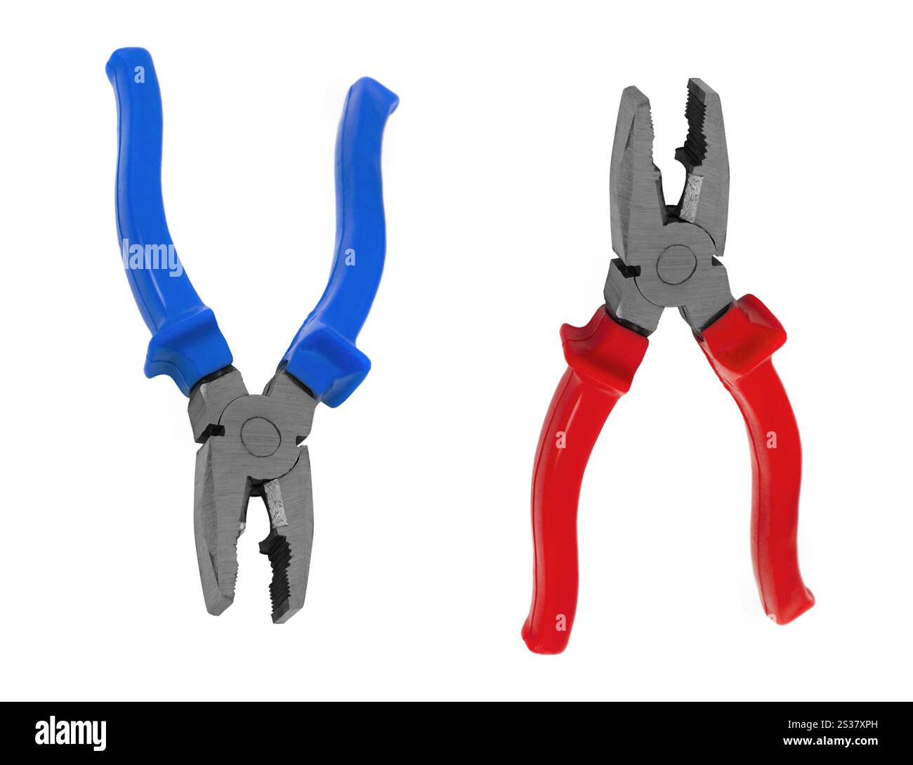 pinces avec poignées rouges et bleues isolées. pinces avec poignées rouges et bleues Banque D'Images