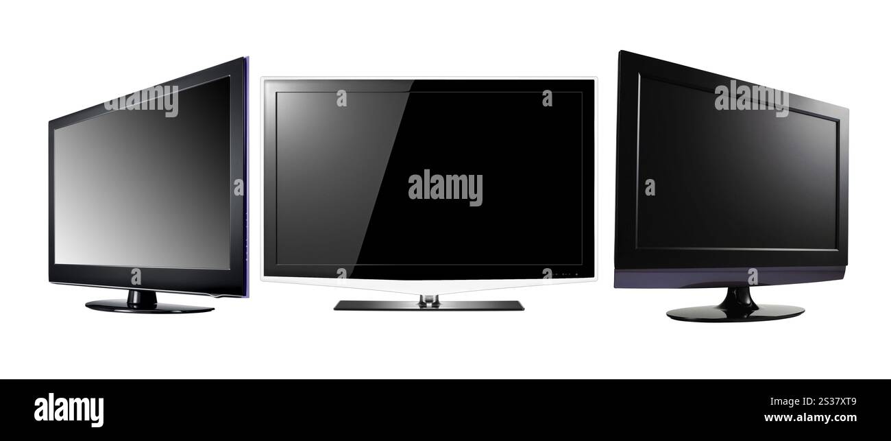 Trois téléviseurs LCD haute définition à écran plat sur fond blanc. Trois télévisions LCD à écran plat haute définition Banque D'Images