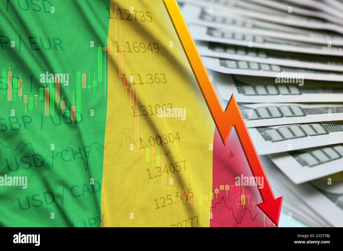 Mali drapeau et graphique chute de la position du dollar américain avec un fan de billets en dollars. Concept de la valeur d'amortissement de la devise du dollar américain. Drapeau et carte du Mali Banque D'Images