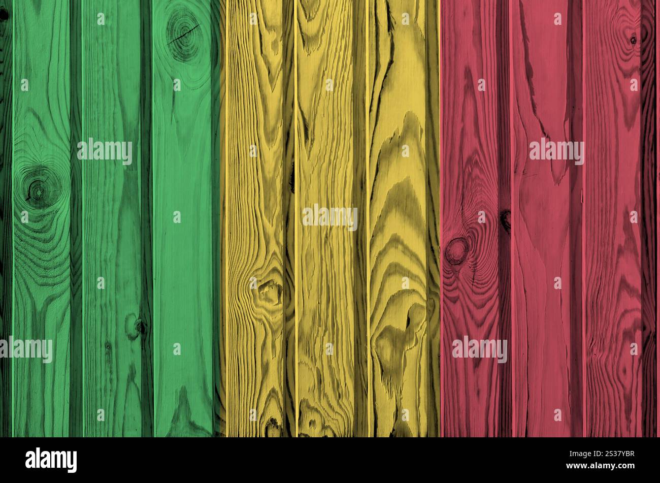 Drapeau du Mali représenté dans des couleurs de peinture vives sur un vieux mur en bois de gros plan. Bannière texturée sur fond brut. Drapeau du Mali représenté dans des couleurs de peinture vives Banque D'Images