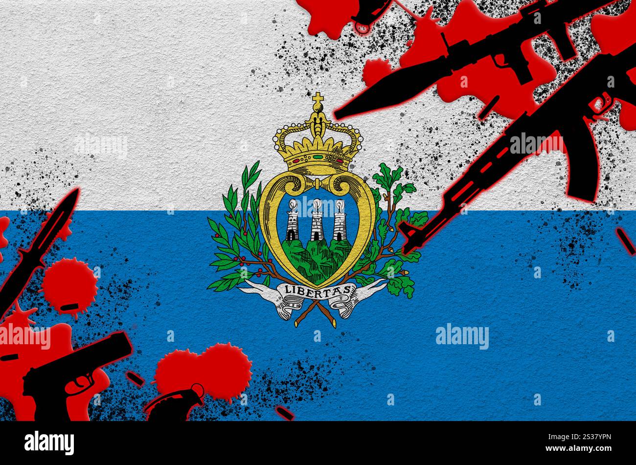 Drapeau de Saint-Marin et diverses armes de sang rouge. Concept d'attaque terroriste et d'opérations militaires avec un résultat létal. Trafic d'armes à feu. Saint-Marin Banque D'Images