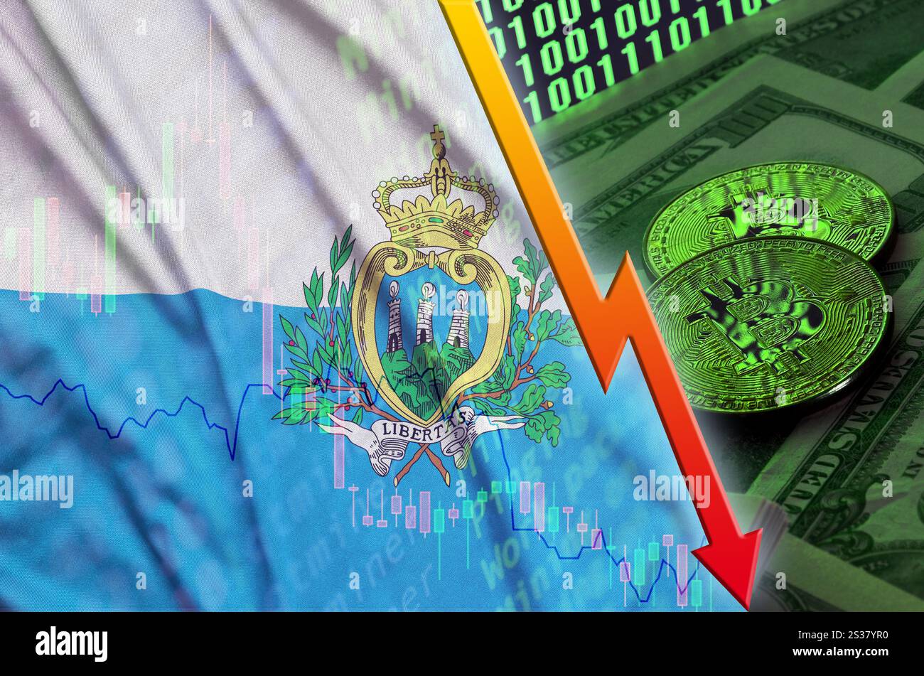 Saint-marin drapeau et cryptocurrency baisse avec deux des bitcoins sur dollar bills et affichage du code binaire. Concept de Bitcoin réduction de prix et Banque D'Images
