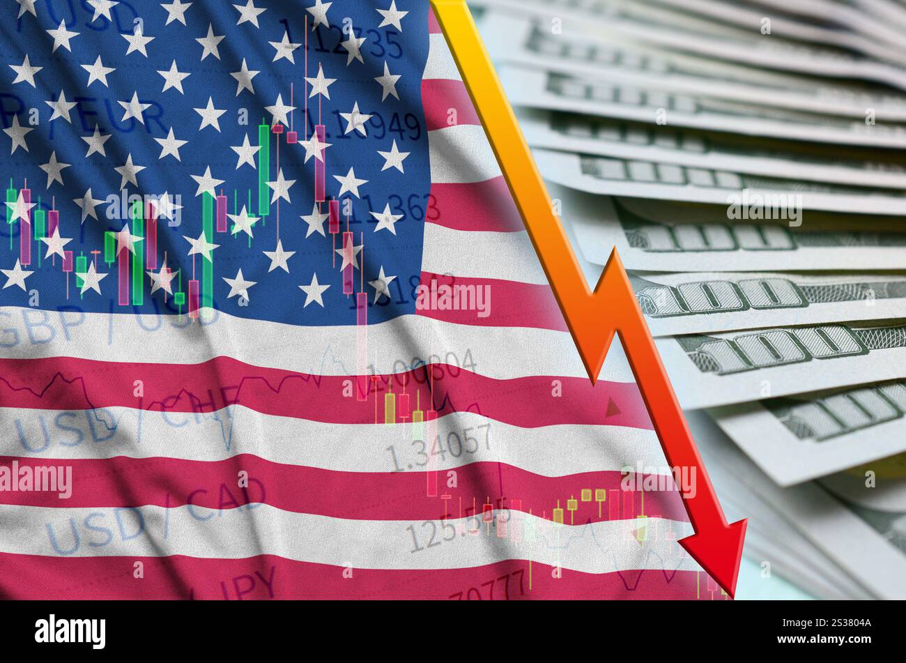 Drapeau des États-Unis d'Amérique et graphique chute de la position du dollar américain avec un éventail de billets en dollars. Concept de la valeur d'amortissement de la devise du dollar américain. Banque D'Images