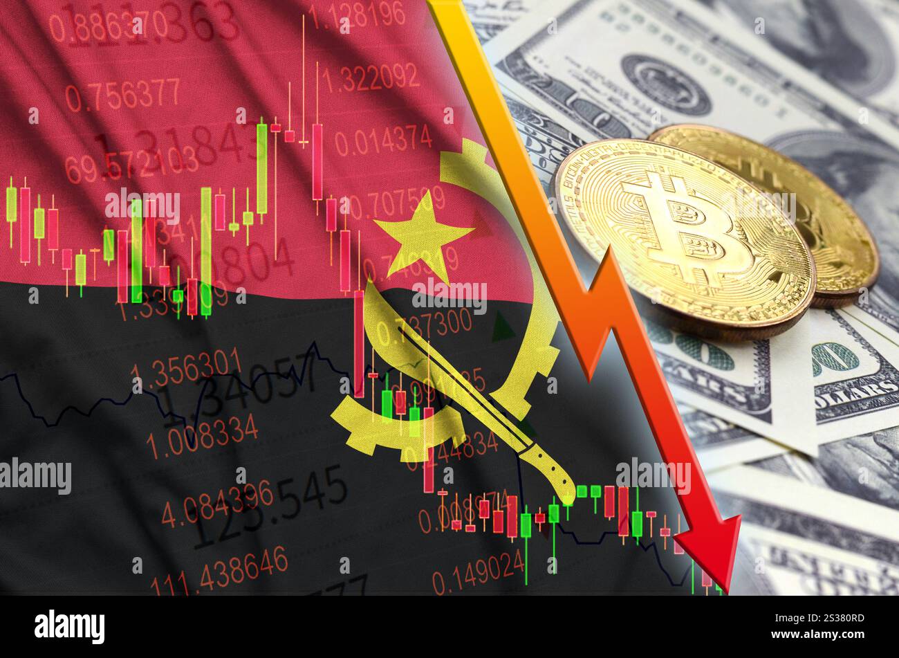 Tendance à la baisse du drapeau de l'Angola et de la crypto-monnaie avec deux bitcoins sur des billets en dollars. Concept de dépréciation Bitcoin dans le prix par rapport au dollar. Angola Banque D'Images