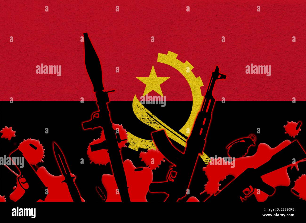 Drapeau angolais et diverses armes de sang rouge. Concept d'attaque terroriste ou d'opérations militaires ayant un résultat létal. Trafic d'armes à feu. Drapeau Angola et Banque D'Images