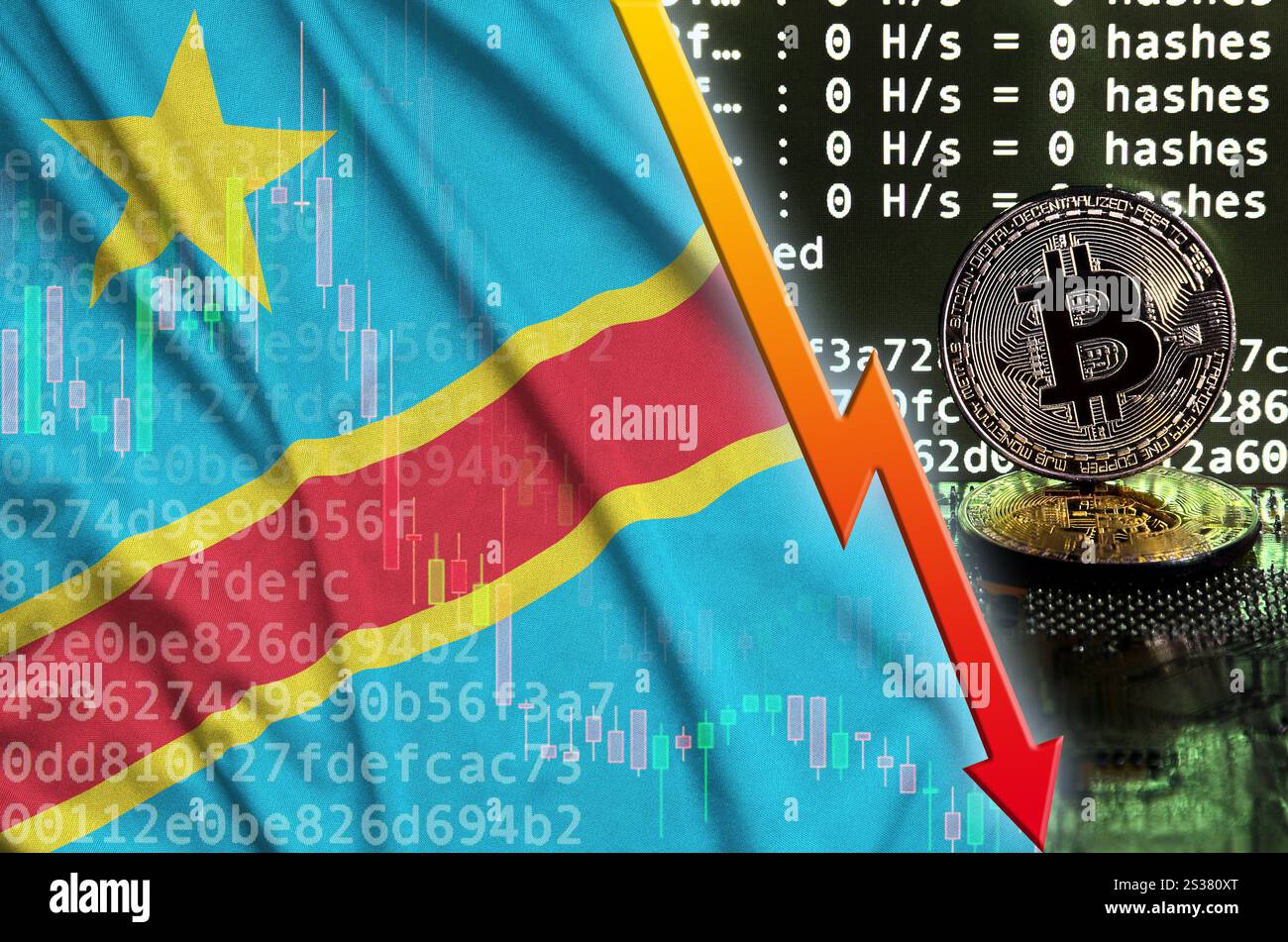 Drapeau bitcoin de la République démocratique du Congo, drapeau national  crypto-monnaie concept fond noir Photo Stock - Alamy