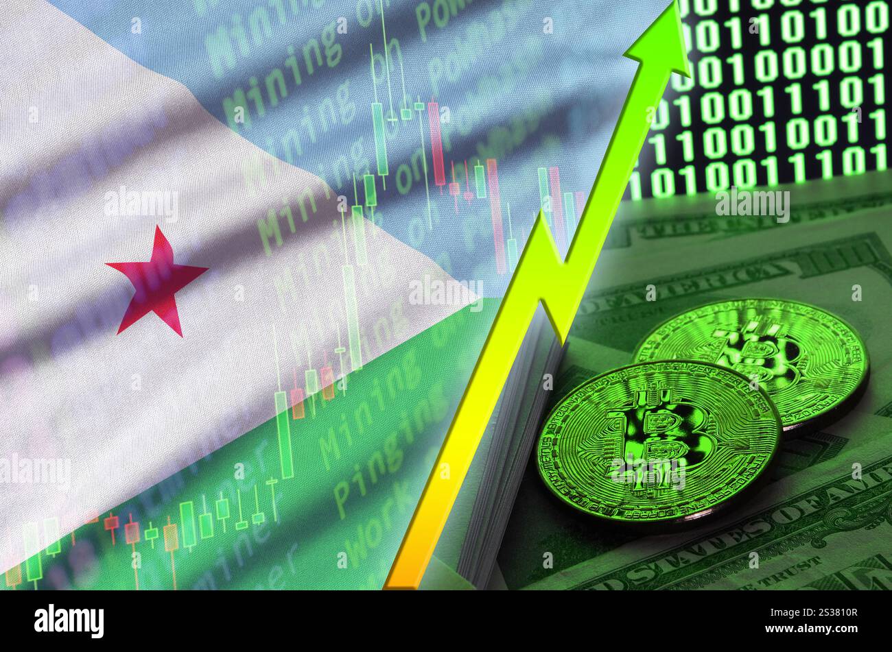 Tendance croissante du drapeau de Djibouti et de la crypto-monnaie avec deux bitcoins sur des billets de dollar et un affichage de code binaire. Concept d'augmenter Bitcoin dans le prix et Banque D'Images