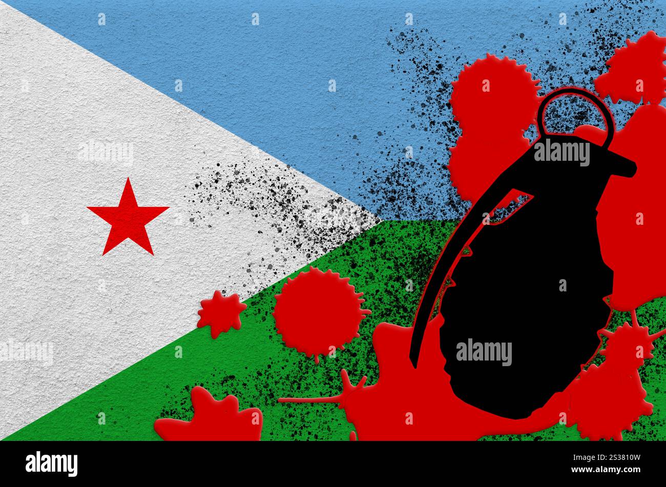 Drapeau de Djibouti et grenade frag MK2 dans le sang rouge. Concept d'attaque terroriste ou d'opérations militaires ayant un résultat létal. Arme à projectile dangereuse Banque D'Images