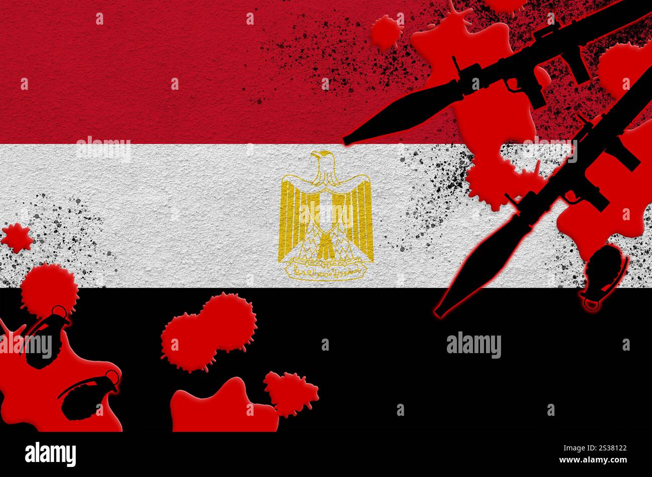 Drapeau égyptien et lance-roquettes avec des grenades dans le sang. Concept d'attaque terroriste et d'opérations militaires. Trafic d'armes à feu. Drapeau égyptien et fusée Banque D'Images