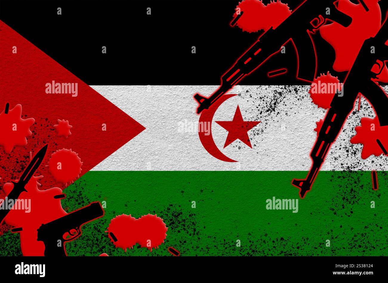 Drapeau du Sahara Occidental et fusils de sang rouge. Concept d'attaque terroriste et d'opérations militaires. Trafic d'armes à feu. Drapeau du Sahara Occidental et fusils en rouge Banque D'Images