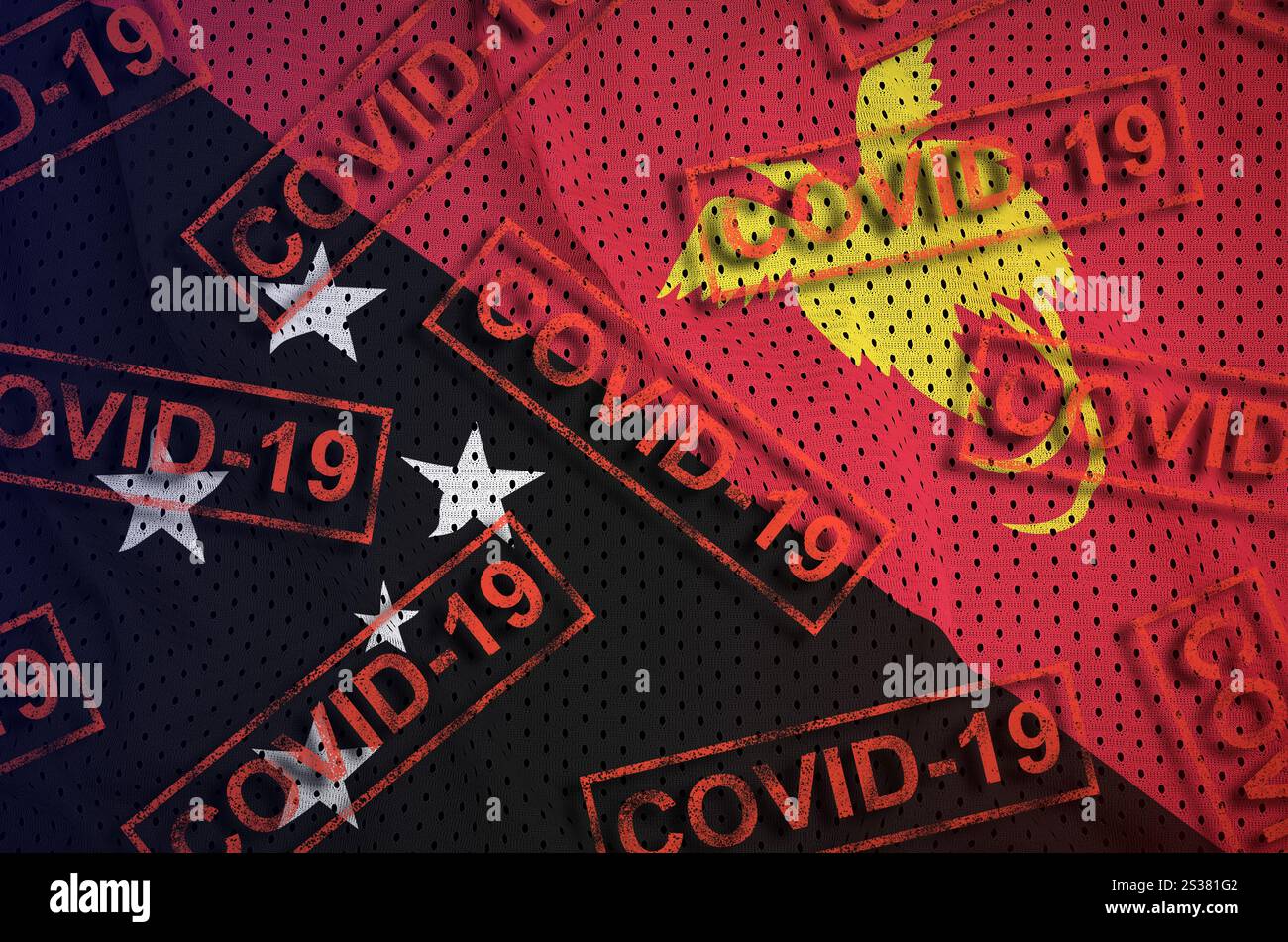 Drapeau de Papouasie-Nouvelle-Guinée et de nombreux timbres rouges COVID-19. Concept de coronavirus ou virus pandémique 2019-nCoV. Drapeau de Papouasie-Nouvelle-Guinée et de nombreux COVID-19 rouges Banque D'Images