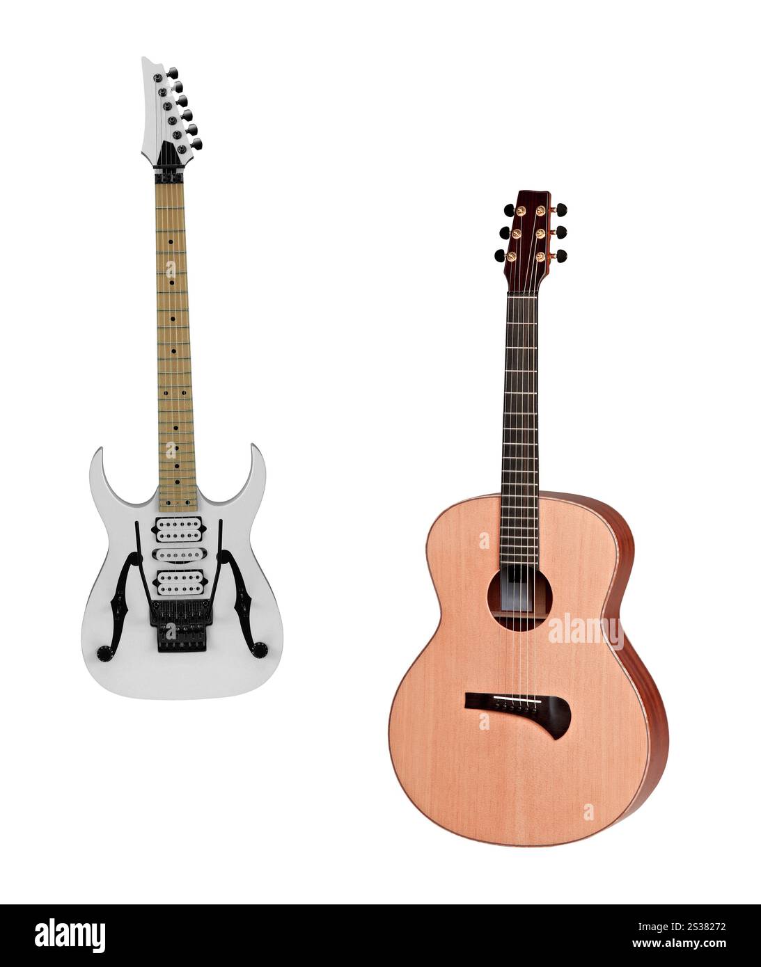 Guitares classiques et électriques sur fond blanc Banque D'Images