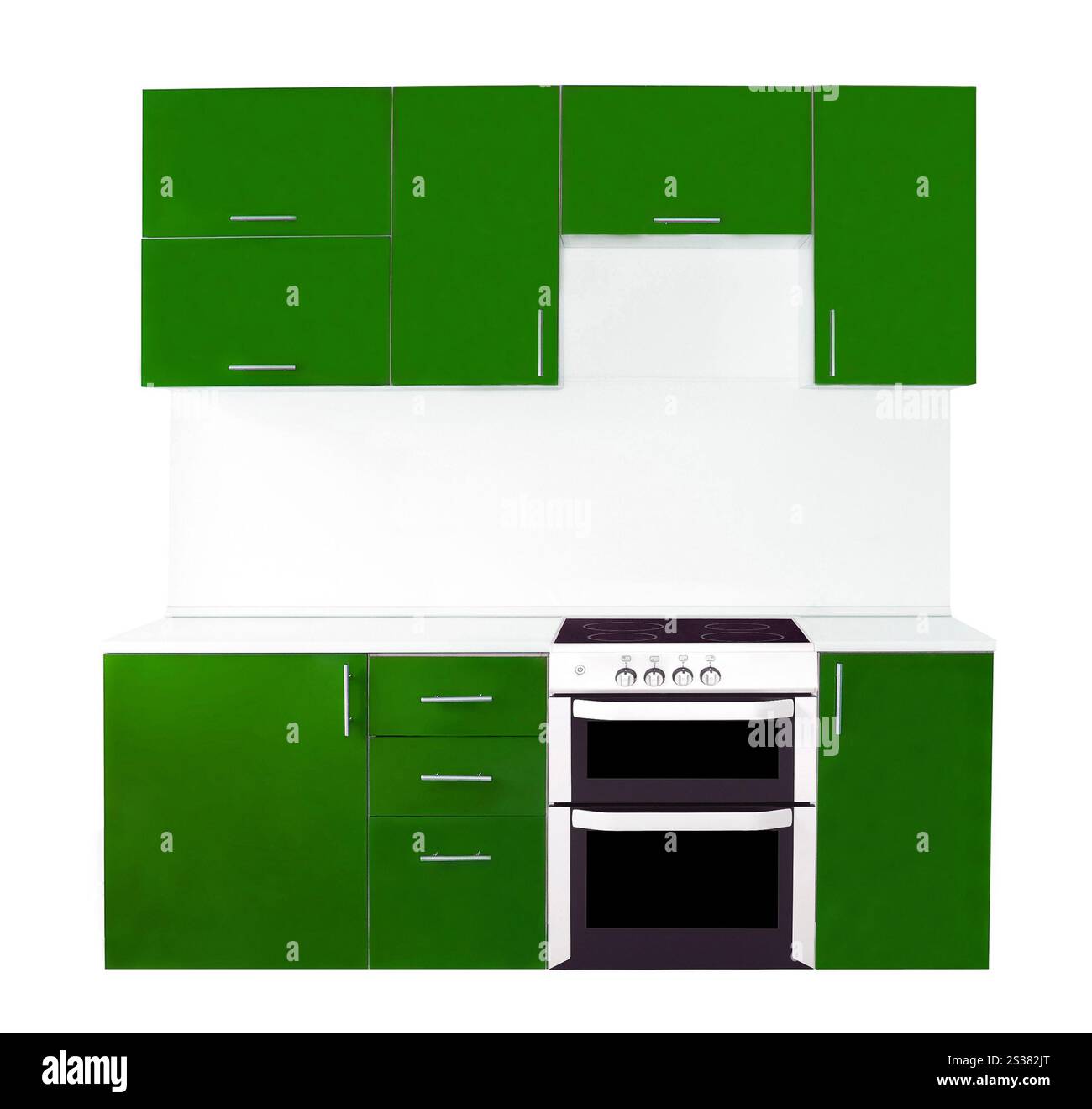 Intérieur de cuisine vert moderne isolé sur fond blanc. Intérieur de cuisine vert moderne Banque D'Images