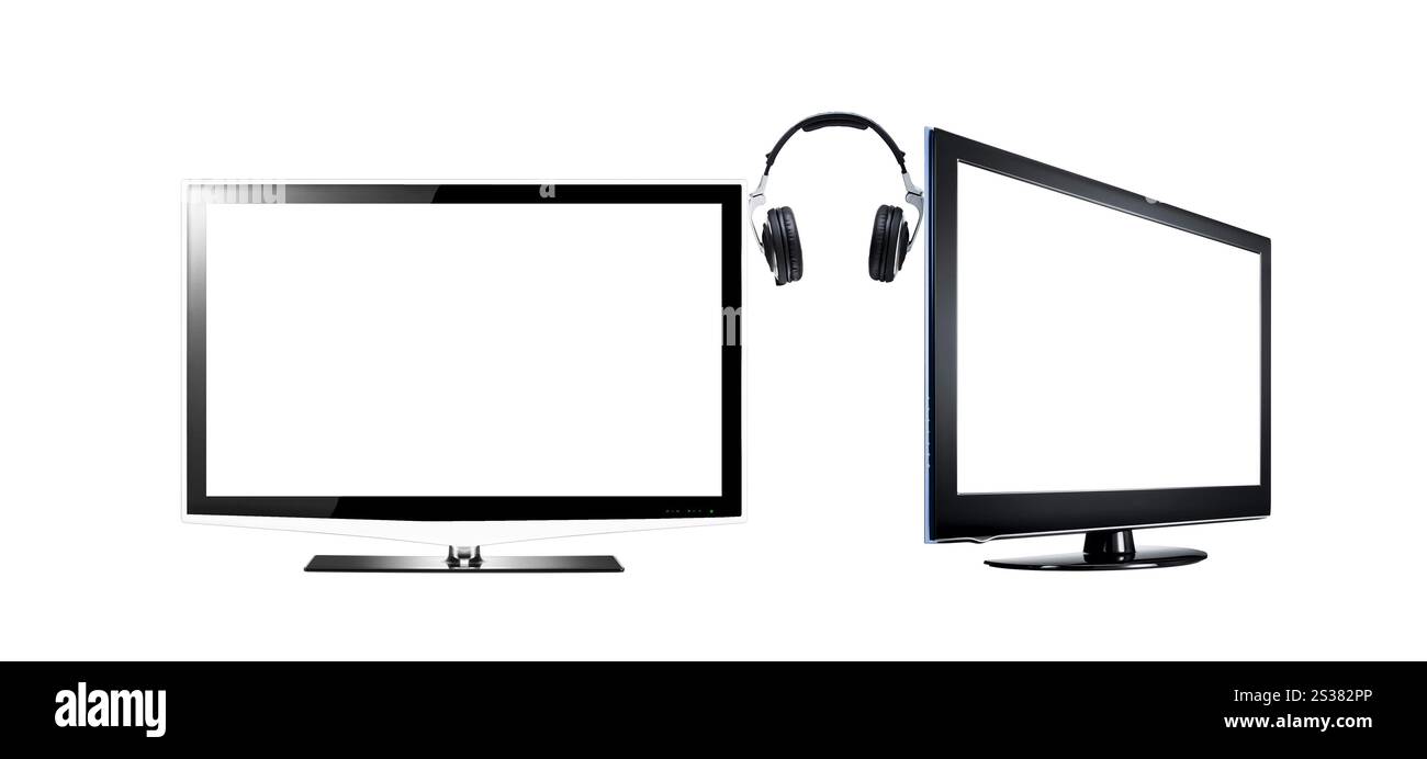 Deux TV LCD à écran plat haute définition avec casque isolé sur blanc. Deux télévisions à écran plat LCD haute définition avec casque Banque D'Images Deux TV LCD à écran plat haute définition avec casque isolé sur blanc. Deux télévisions à écran plat LCD haute définition avec casque Banque D'Images
