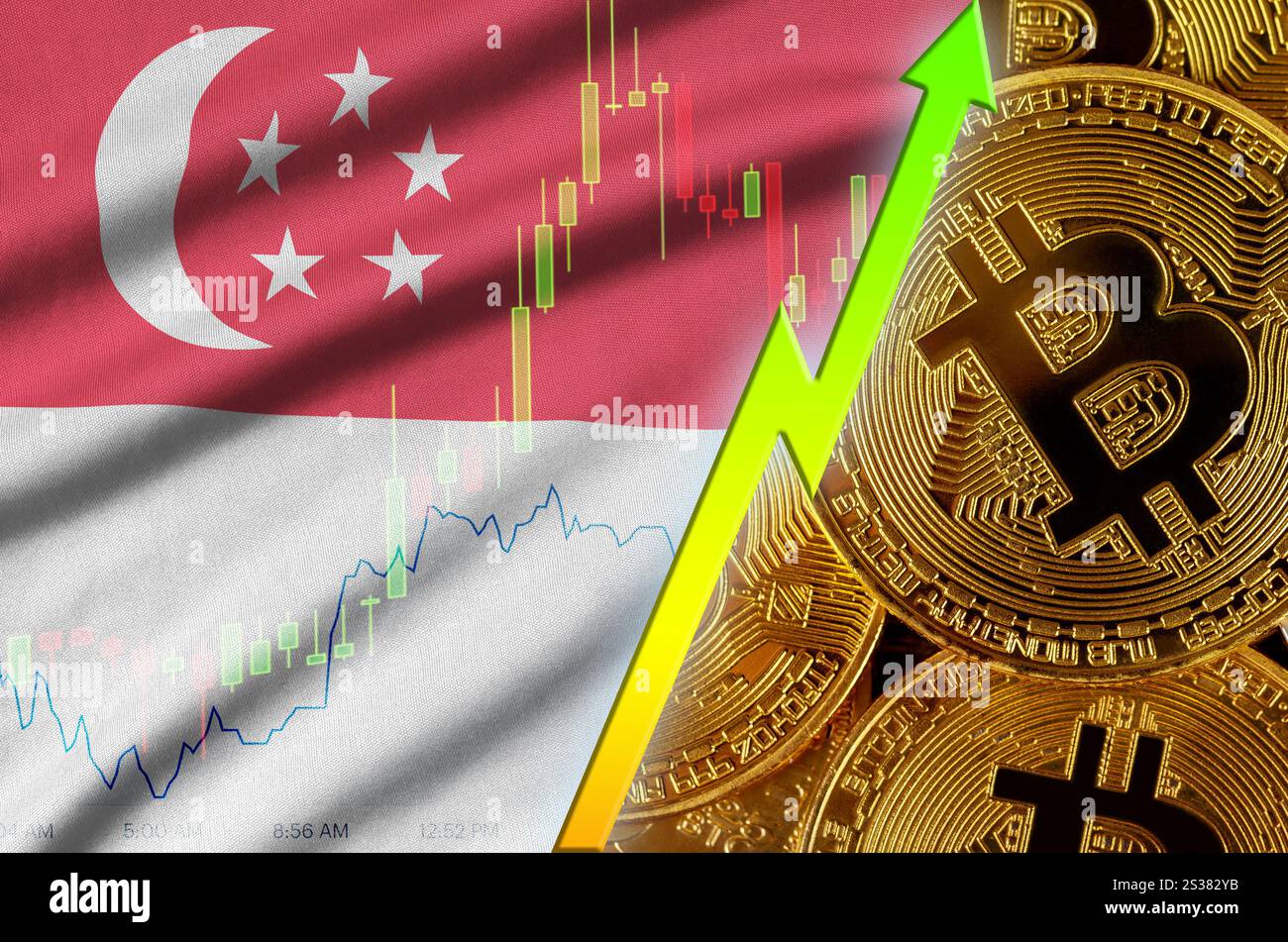 Drapeau de Singapour et cryptocurrency tendance croissante avec de nombreux bitcoins d'or. Concept de sensibilisation en Bitcoin ou prix de conversion élevé dans cryptocurrency m Banque D'Images