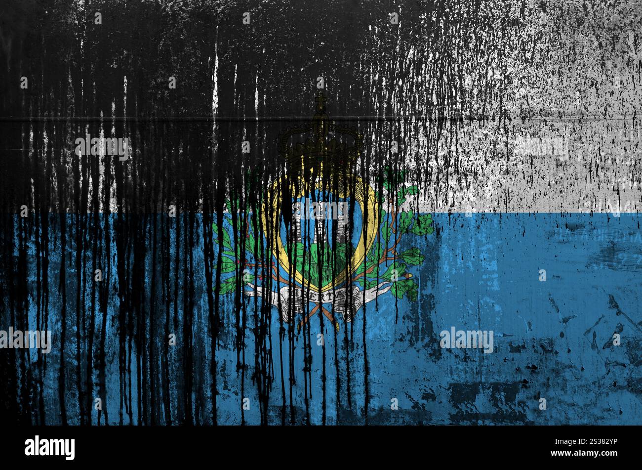 Drapeau de Saint-Marin représenté en couleurs de peinture sur le mur vieux et sale du baril de pétrole en gros plan. Bannière texturée sur fond brut. Drapeau de Saint-Marin représenté à la Banque D'Images