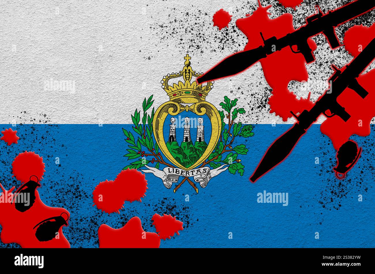 Drapeau de Saint-Marin et lance-roquettes avec des grenades dans le sang. Concept d'attaque terroriste et d'opérations militaires. Trafic d'armes à feu. Drapeau de Saint-Marin et Banque D'Images