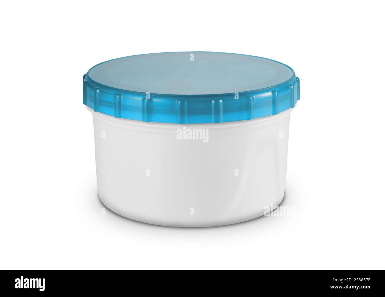 récipient rond en plastique sur fond blanc. récipient rond en matière plastique Banque D'Images