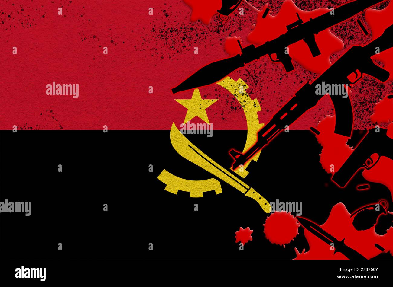 Drapeau angolais et diverses armes de sang rouge. Concept d'attaque terroriste ou d'opérations militaires ayant un résultat létal. Trafic d'armes à feu. Drapeau Angola et Banque D'Images